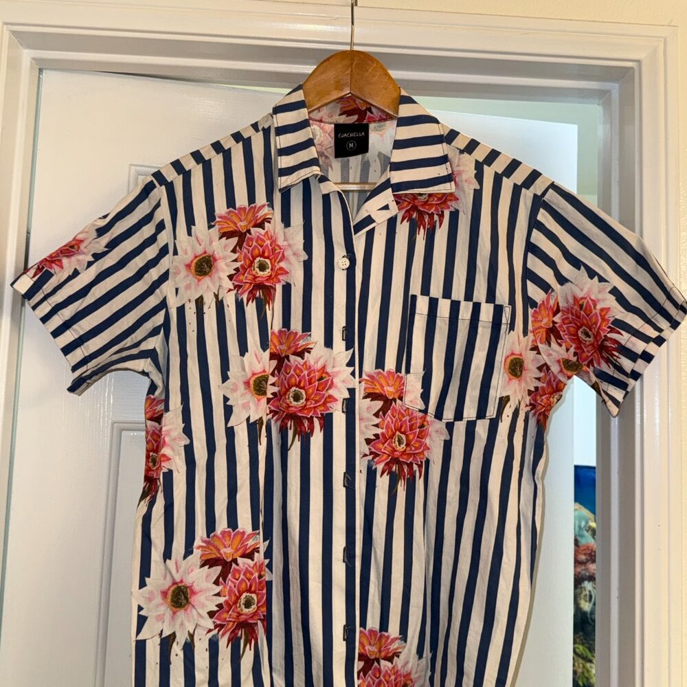 Coachella Floral Stripe Button-Up Shirt – Medium – Festival / Summer Vibe